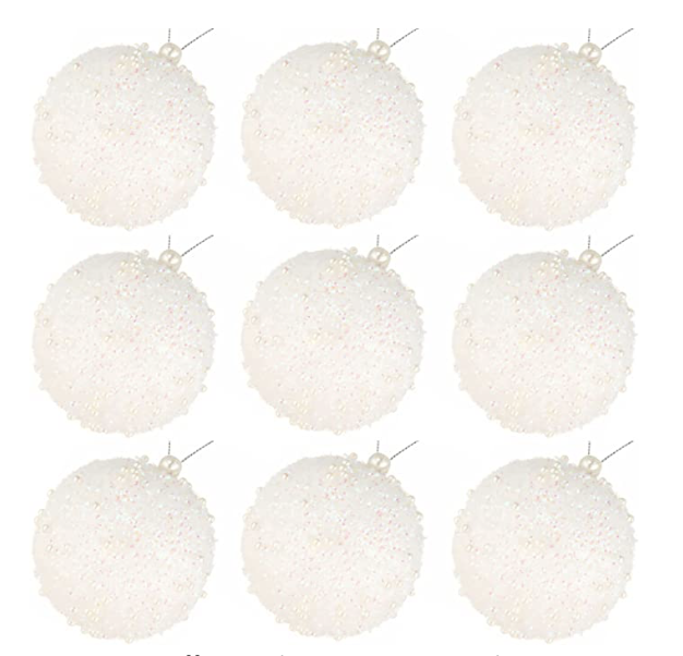 These White Christmas ball ornaments are elegant and neutral. You can order these from Amazon for $19.99. These are a great option for adding flair to plain white ornaments on your tree.