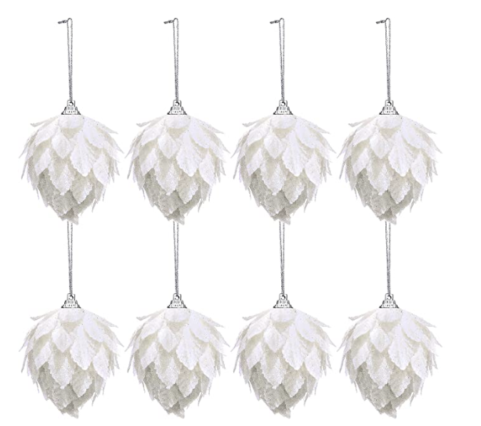 These Neutral artificial flower Christmas tree ornaments are perfect for your tree or adding to some greenery. You can order these from Amazon in a pack of eight for $19.99.