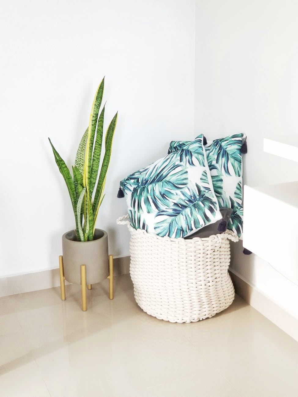laundry hamper with pillows next to potted plant