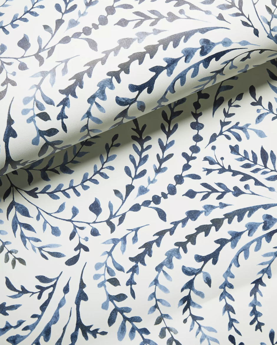 navy wallpaper powder room